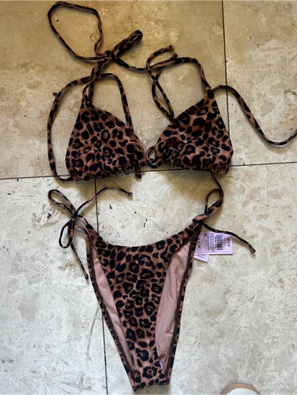 NWT- Leopard Print String Bikini Top and Bottom Set - Brown